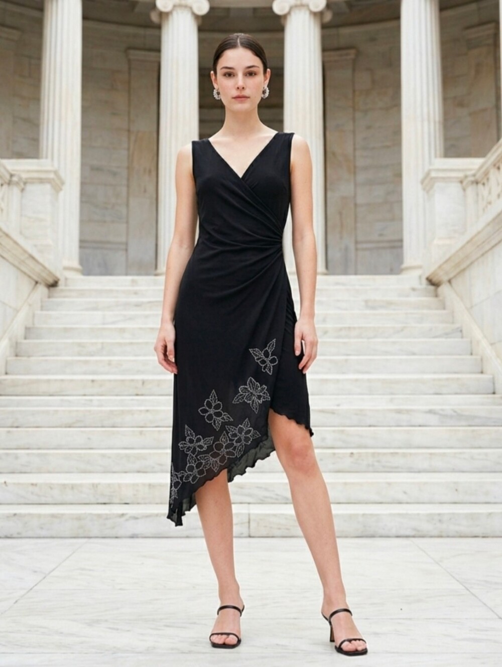 PS Slinky Asymetrical Dress with rouched waist and Beaded accents. L